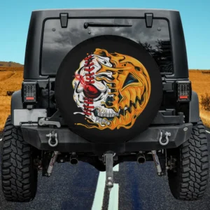 Baseball player halloween pumpkin skeleton spare tire cover no camera hole on Jeep