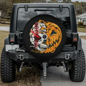 Baseball player halloween pumpkin skeleton spare tire cover with camera hole on Jeep