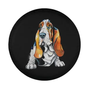 Basset Hound cartoon dog breed graphic spare tire cover design closeup