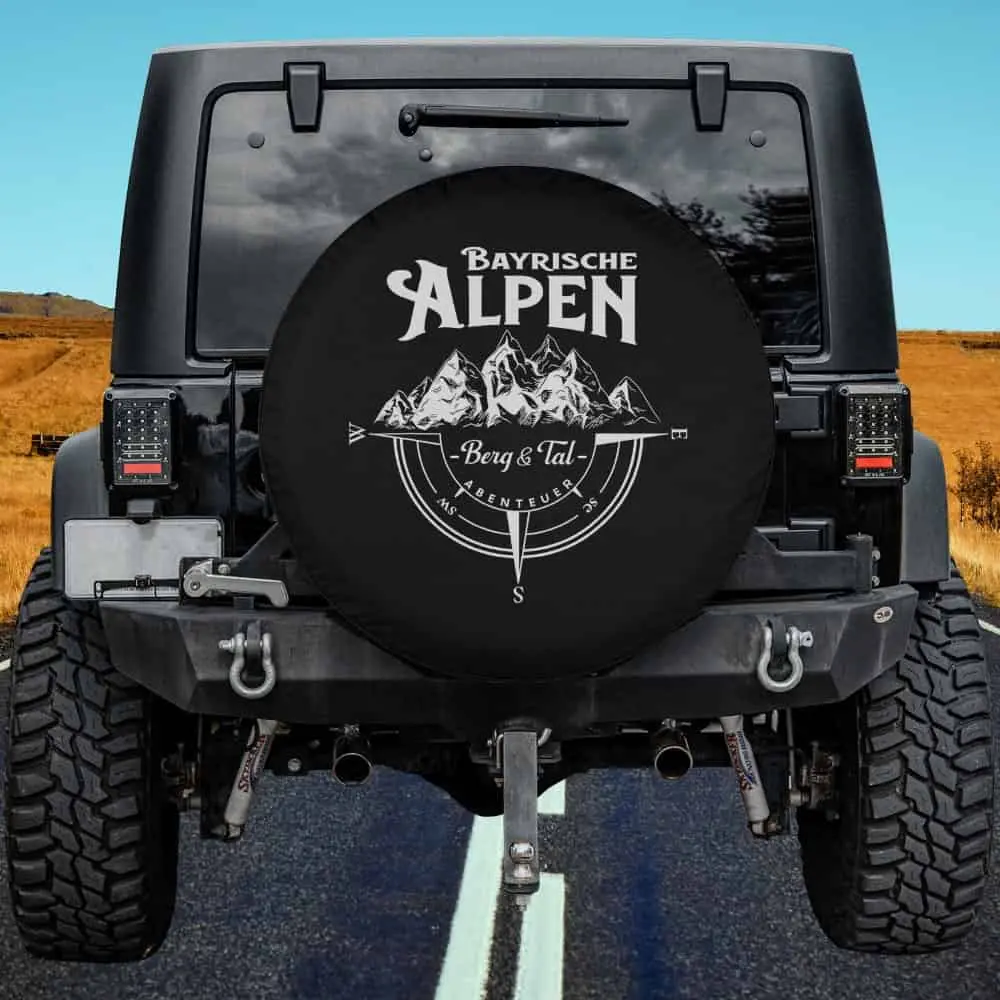 Bavarian Alps compass and mountain peaks spare tire cover with no camera hole