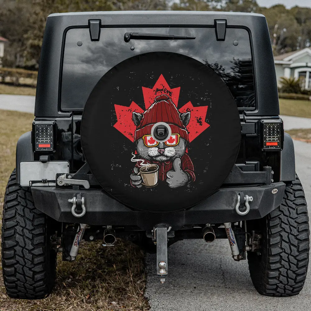 Cat Canada spare tire cover with beanie, sunglasses, maple leaf, camera hole