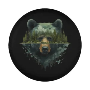 Bear portrait with pine trees and wildlife forest art for spare tire cover