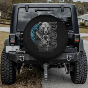 Berserk bear warrior with Odin runes Norse compass Viking spare tire cover with camera hole