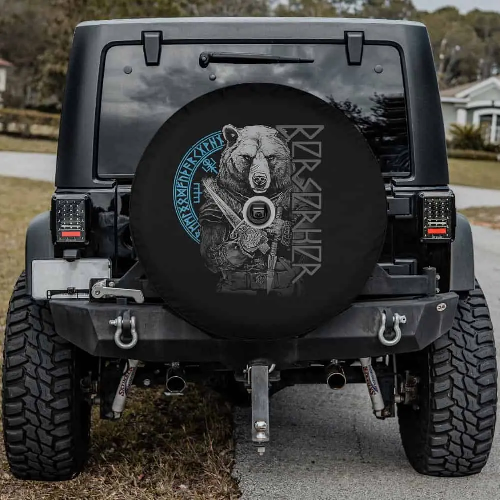 Berserk bear warrior with Odin runes Norse compass Viking spare tire cover with camera hole