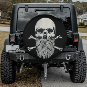 Bearded skull crossbones pirate beard spare tire cover with camera hole on SUV
