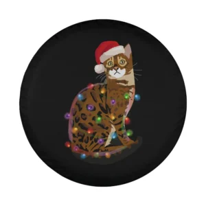 Bengal cat with Santa hat and Christmas lights festive tire cover design