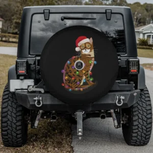 Bengal cat with Santa hat and Christmas lights spare tire cover with camera hole