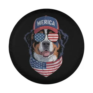 Patriotic Bernese Mountain Dog with Merica cap and American flag bandana illustration