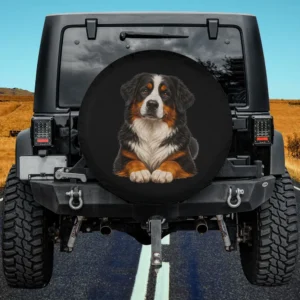 Cute dog lover Bernese Mountain Dog paws spare tire cover on Jeep, black background