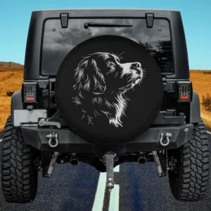White sketch Bernese Mountain Dog face graphic spare tire cover on Jeep
