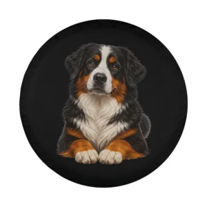 Realistic Bernese Mountain Dog illustration with paws on spare tire cover