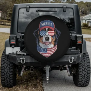 Bernese Mountain Dog with Merica cap, flag sunglasses, and bandana spare tire cover with camera hole