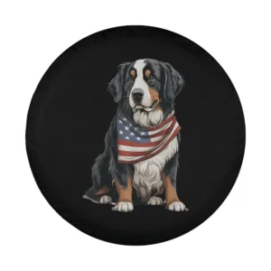 Bernese Mountain Dog illustration with US flag bandana for spare tire cover design