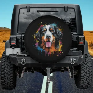 Cute Bernese Mountain Dog watercolor paint splash spare tire cover with no camera hole