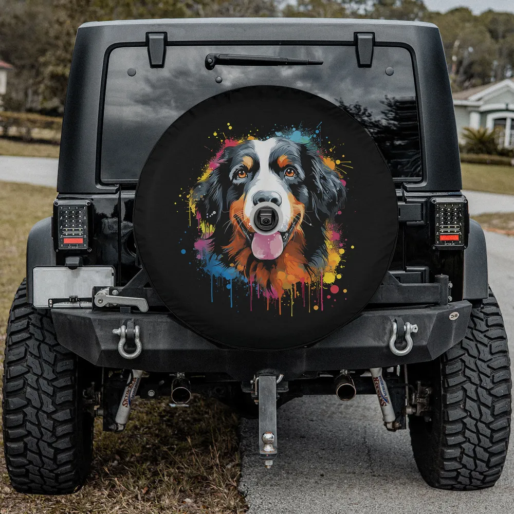 Cute Bernese Mountain Dog watercolor paint splash spare tire cover with camera hole