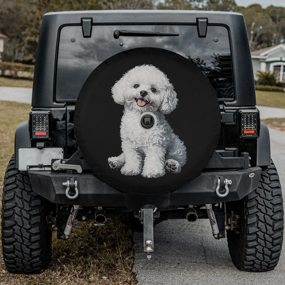Bichon Frise dog sitting pet illustration spare tire cover with camera hole