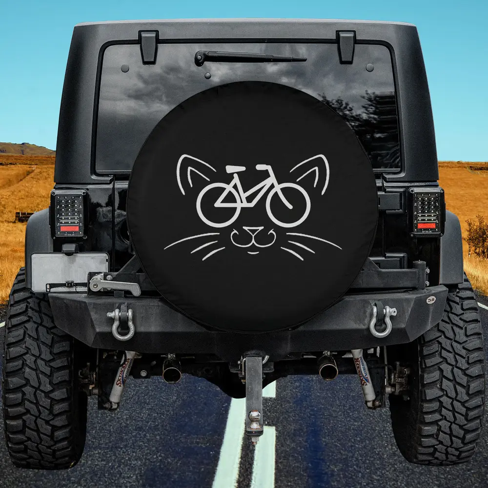 bicycle line art cat face spare tire cover with no camera hole for Jeep