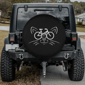 bicycle line art cat face spare tire cover with backup camera hole for SUV