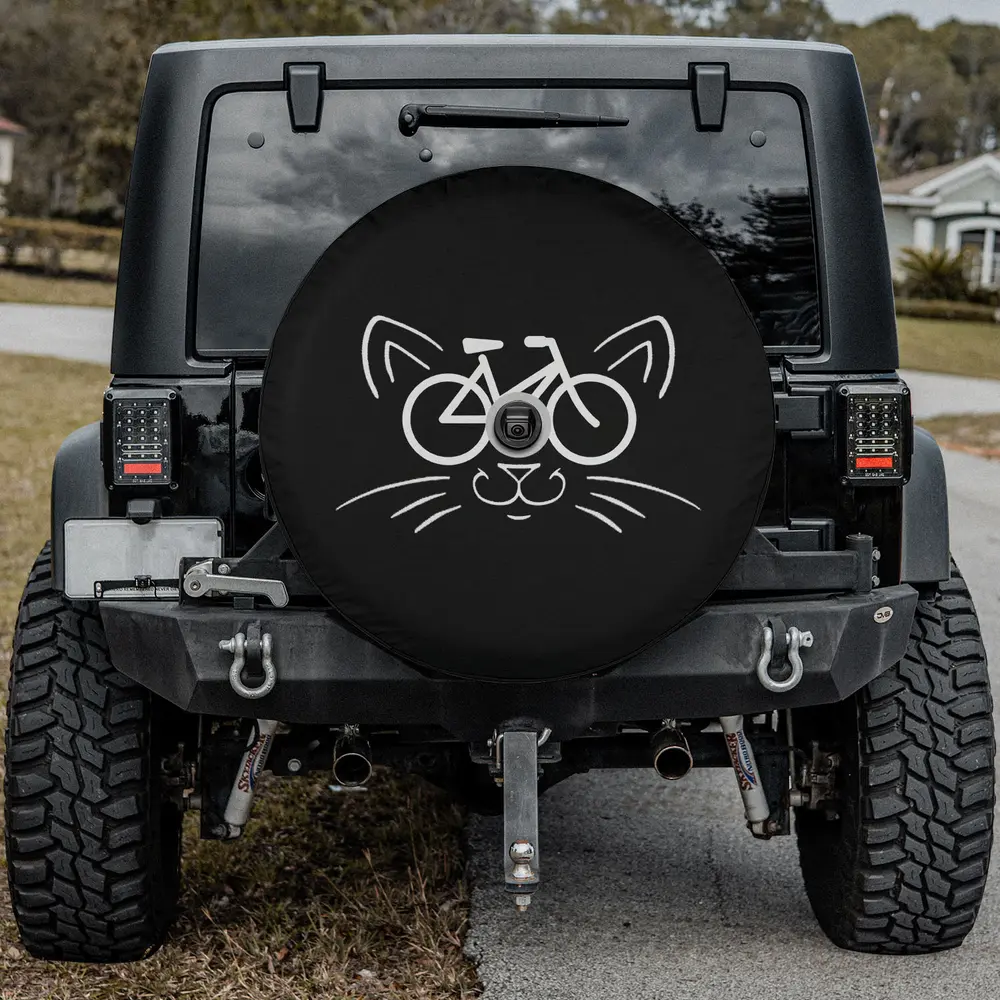 bicycle line art cat face spare tire cover with backup camera hole for SUV