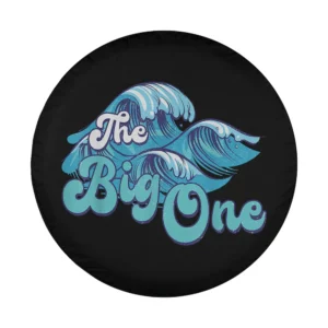 Design of big ocean wave surf birthday beach family matching spare tire cover featuring blue waves and playful script