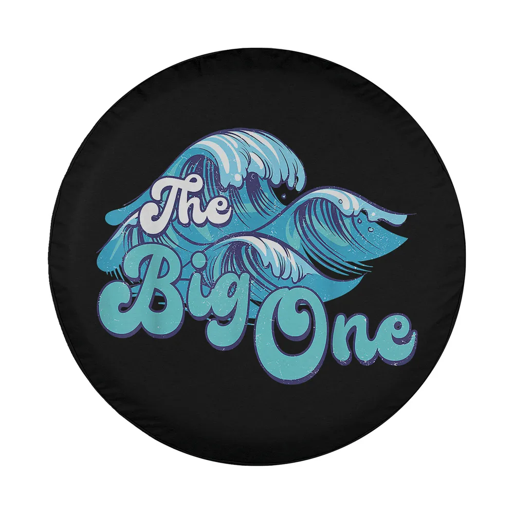 Design of big ocean wave surf birthday beach family matching spare tire cover featuring blue waves and playful script