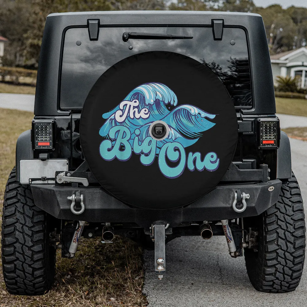 Big ocean wave surf birthday beach family matching spare tire cover with backup camera hole for Jeep, SUV, RV