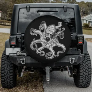 Big octopus t shirt wildlife spirit animal spare tire cover with camera hole black background