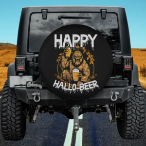 Bigfoot holding beer mug with autumn leaves Halloween spare tire cover no camera hole