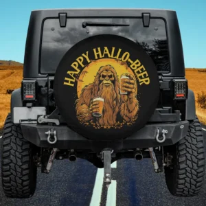 Bigfoot holding beer mugs in Halloween costume on spare tire cover, no camera hole, for Jeep SUV RV