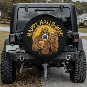 Bigfoot Halloween beer mugs spare tire cover with camera hole, fits Jeep Wrangler, SUV, RV