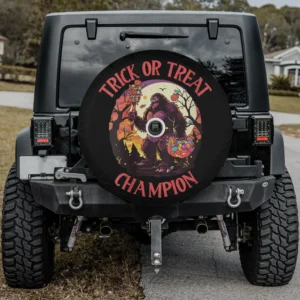 Bigfoot Halloween spare tire cover with pumpkin candy bucket and camera hole