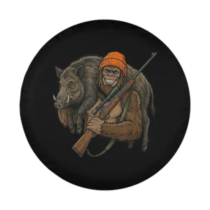 Bigfoot Sasquatch hunting wild boar illustration design for spare tire cover