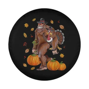 Bigfoot and turkey with pumpkins cartoon Thanksgiving tire cover design