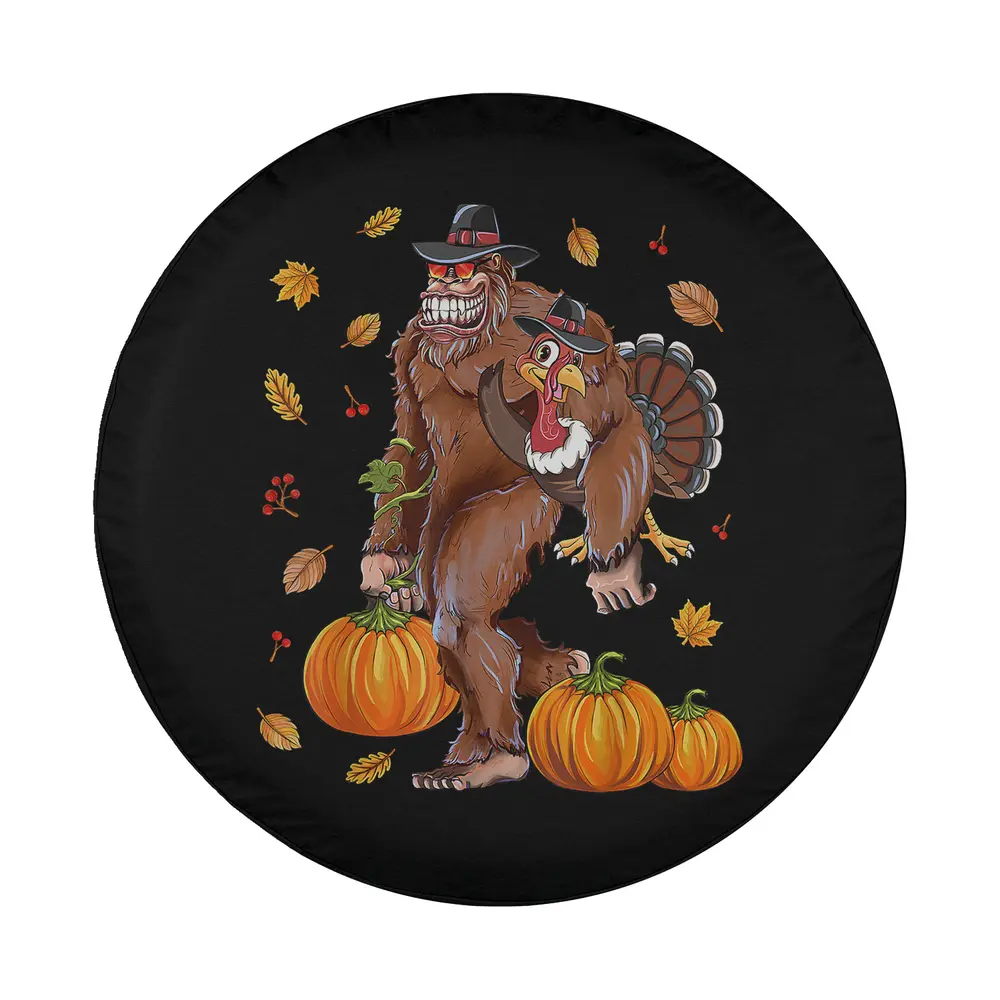 Bigfoot and turkey with pumpkins cartoon Thanksgiving tire cover design