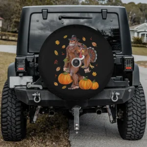 Bigfoot and turkey with pumpkins Thanksgiving spare tire cover with camera hole
