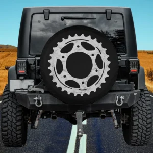 Bike sprocket gear vintage minimalist spare tire cover on Jeep with no camera hole