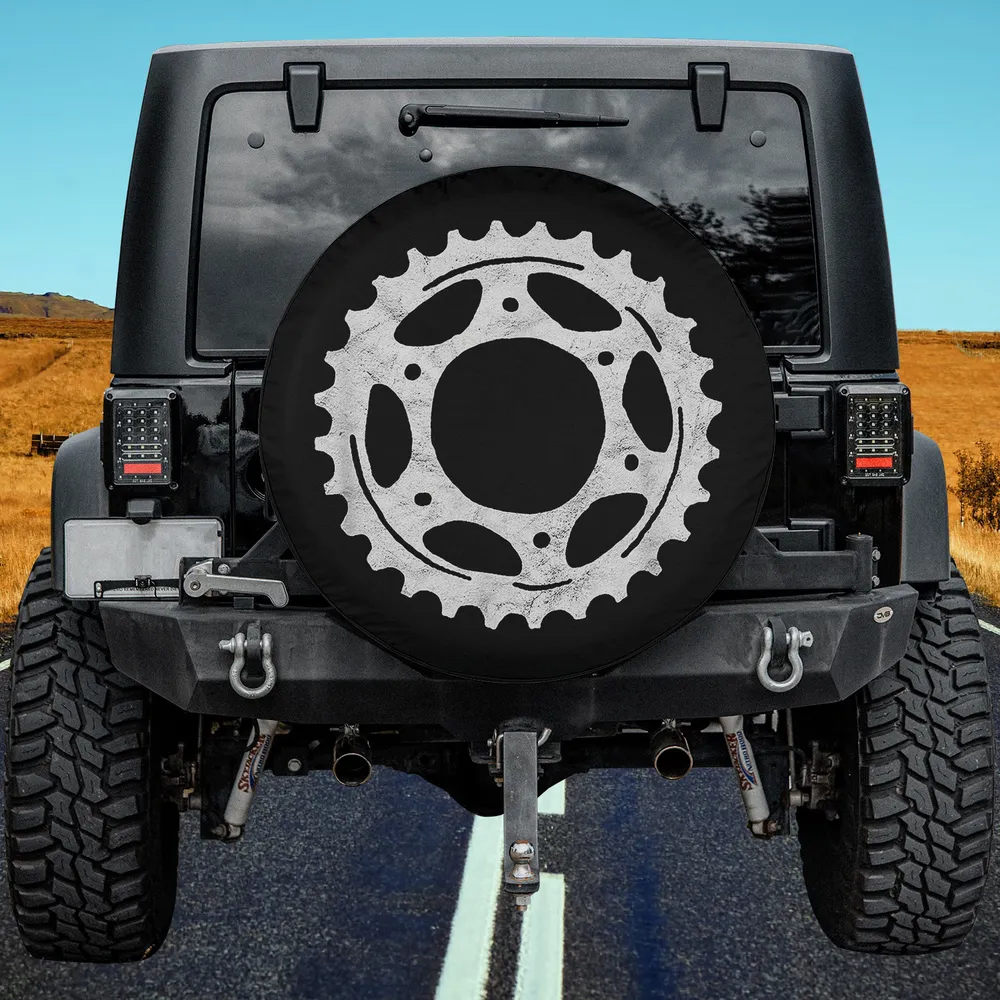 Bike sprocket gear vintage minimalist spare tire cover on Jeep with no camera hole