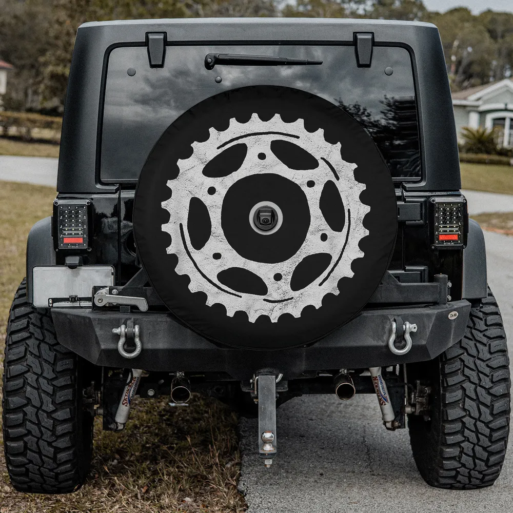 Bike sprocket gear vintage minimalist spare tire cover with backup camera hole on Jeep