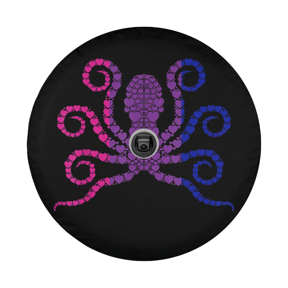 Close-up of bisexual octopus heart bi pride flag design with pink purple and blue hearts on black background