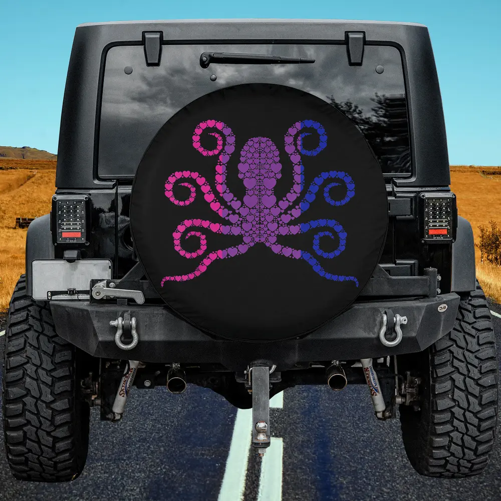 Bisexual octopus heart bi pride flag design on black waterproof spare tire cover without camera hole