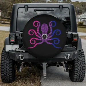 Bisexual octopus heart bi pride flag design on black waterproof spare tire cover with camera hole