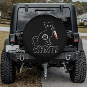 Black cartoon cat bloody knife funny halloween spare tire cover with backup camera hole