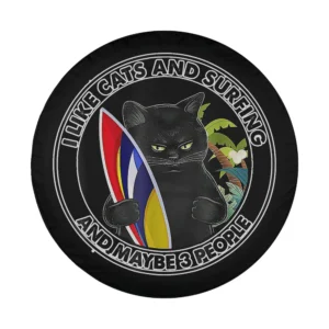 Cartoon black cat holding colorful surfboard tropical leaves cat spare tire cover design