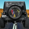 Black cat with colorful surfboard and tropical leaves on cat spare tire cover, no camera hole
