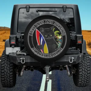 Black cat with colorful surfboard and tropical leaves on cat spare tire cover, no camera hole