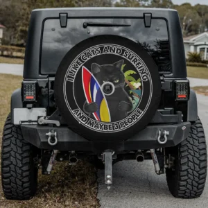 Black cat with colorful surfboard cat spare tire cover with backup camera hole option