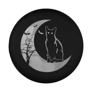 Halloween design with black cat, crescent moon and bats for spare tire cover