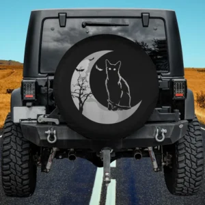Black Cat Crescent Moon Bats Halloween Spare Tire Cover No Camera Hole