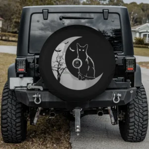 Spare tire cover with black cat, crescent moon, bats, Halloween theme, backup camera hole