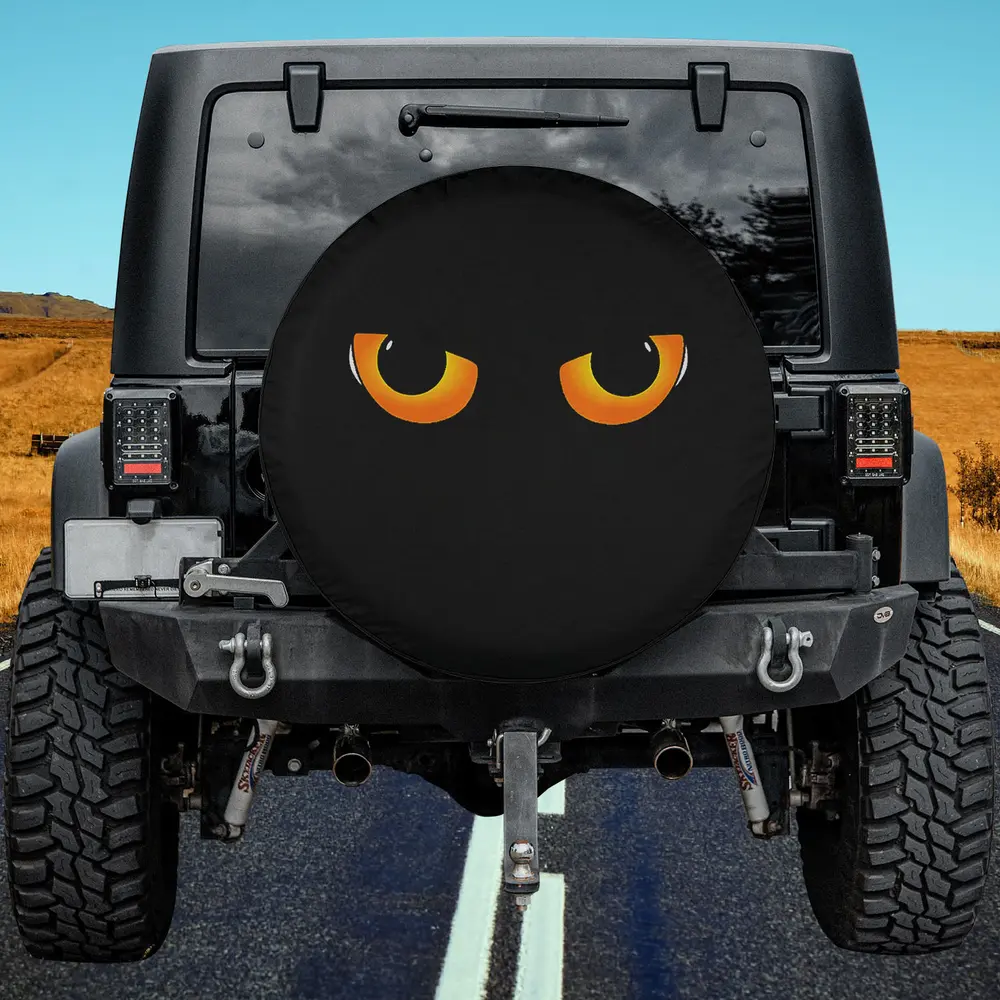 Black cat eyes glowing halloween cat lover spare tire cover with no camera hole
